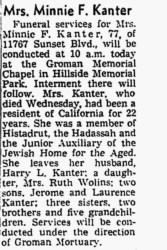 Obituary for Minnie F. Friedman Kanter
1958 Los Angeles Times